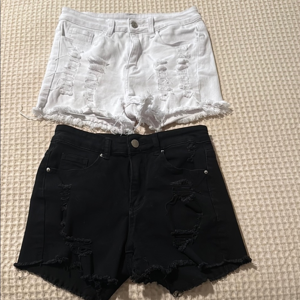 White and Black Distressed Women's Shorts